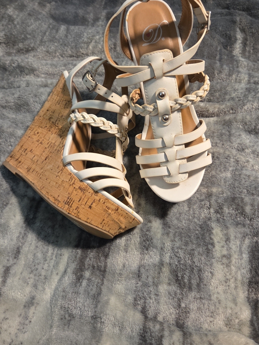 Delicious Cream Braided Strappy Cork Wedge Sandals